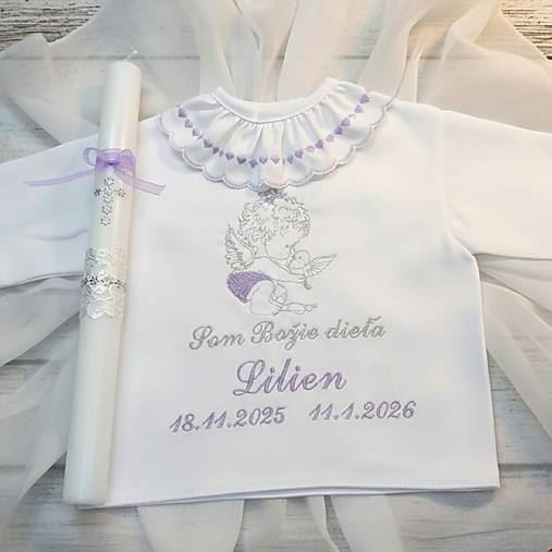 Detské oblečenie - Košieľka na krst k34 fialová strieborná a sviečka na krst strieborný krížik s chránitkom - 18149928_