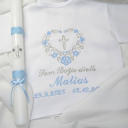 Detské oblečenie - Košieľka na krst k05 modrá strieborná a sviečka na krst strieborný krížik s chránitkom - 18150049_