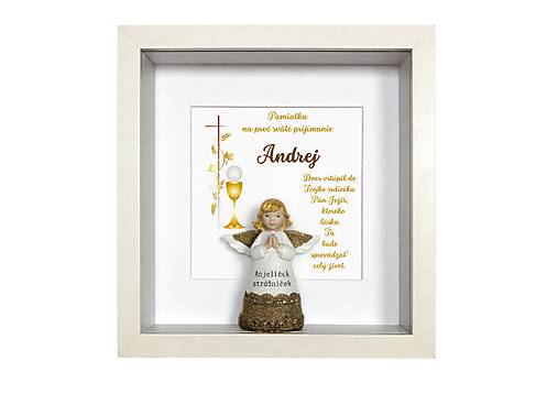 Obrazy - Darček /pamiatka/ na prvé sväté prijímanie s anjelikom pre chlapca, aj pre dievčav presklennom ráme - 18151154_