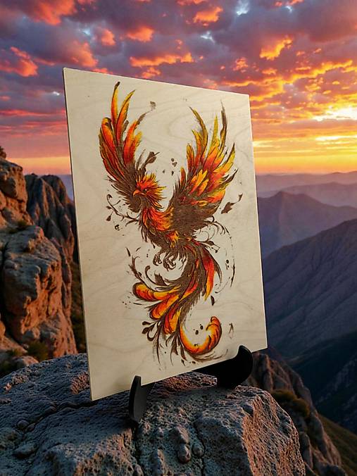 Obrazy - Ohnivý Fénix (Phoenix)Drevený vypaľovaný maľovaný obraz + stojanom - 18152049_