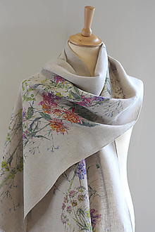 Šatky - Elegantná ľanová šatka s kvetinovým motívom – 100% prémiový prírodný ľan - 18155082_