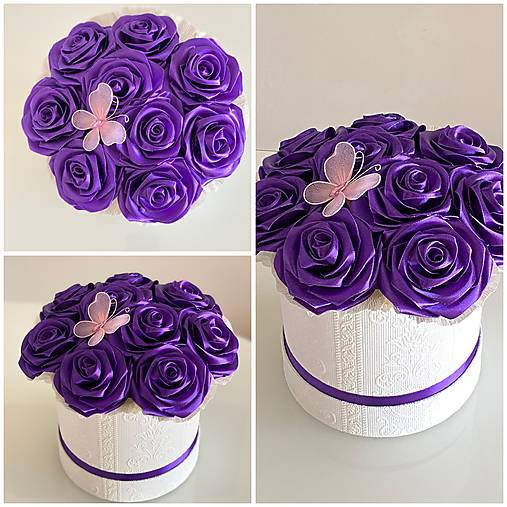 Kvetinový box zo saténových stúh "M"otvorené fialové saténové ružičky, kvety dekorácia darček