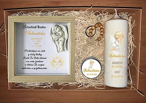 Obrazy - Darček /pamiatka/ na sviatosť krstu s anjelikom, sviečkou, ružencom a desiatkom - 18157330_
