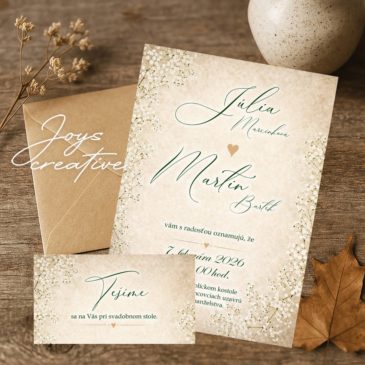 Svadobné oznámenie v prírodnom dizajne s gypsomilkou B28