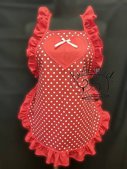 Úžitkový textil - Dámska zástera 70cm červená bodka s volánmi - 18163170_