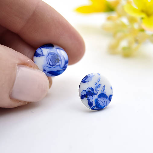 Náušnice - Porcelánové náušnice - Pecky - modré květy - 18167213_