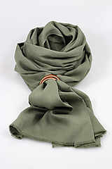 Šatky - Elegantná olivovozelená šatka zo 100% ľanu s koženým remienkom - 18169333_