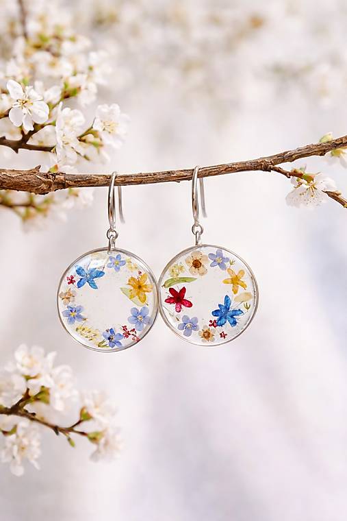 Náušnice - Živicové náušnice so sušenými kvietkami, striebro Ag 925 - 18169677_