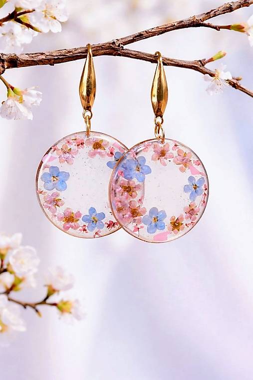 Náušnice - Živicové náušnice so sušenými kvietkami, nerezová oceľ - 18169694_