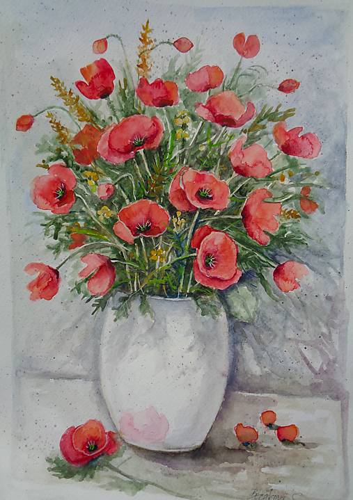 Obrazy - Maky v bielej váze...(akvarel) (bez rámu) - 18173315_