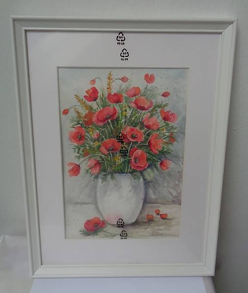 Obrazy - Maky v bielej váze...(akvarel) (biely drevený rám) - 18173317_