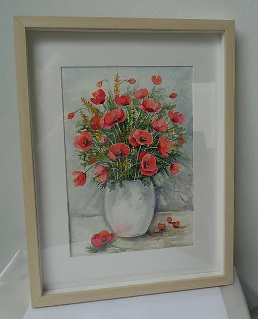 Obrazy - Maky v bielej váze...(akvarel) (rám bledé drevo) - 18173320_