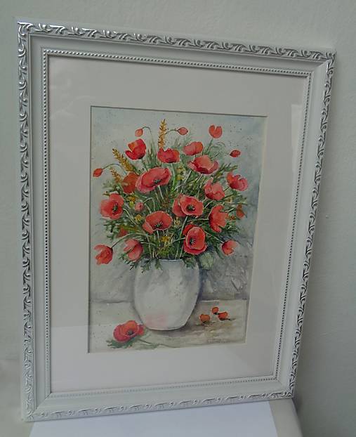 Obrazy - Maky v bielej váze...(akvarel) (vintage biely rám) - 18173330_