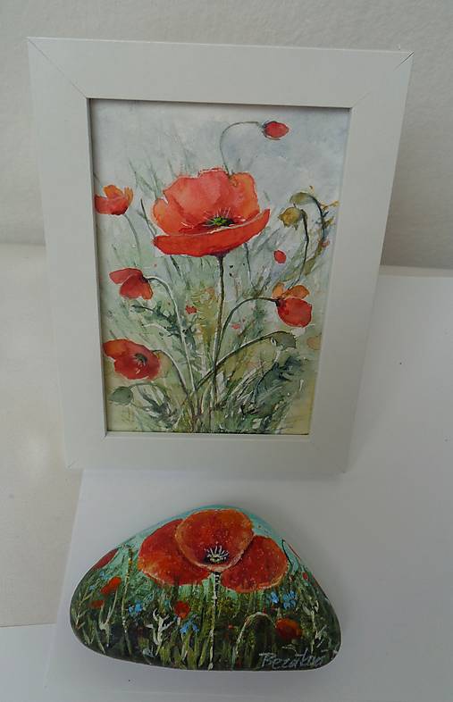 Dekorácie - Makové variácie 2 (akvarel a kameň) - 18173390_