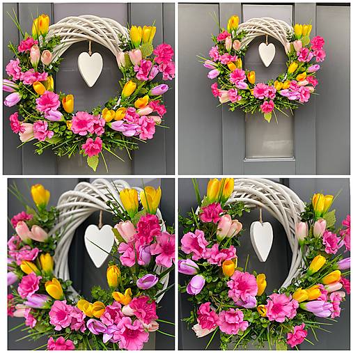 Jarný veniec “M” na svetlom prutenom základe dekorácia na dvere