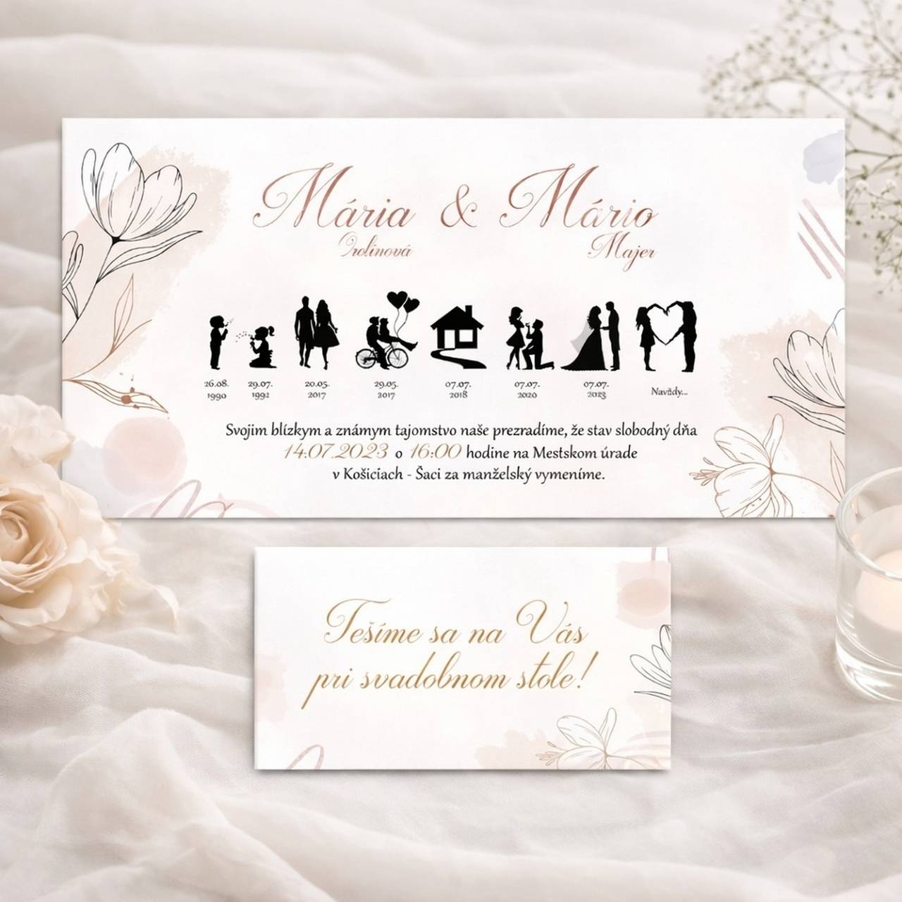 Svadobné oznámenie príbeh lásky greenery (ivory)