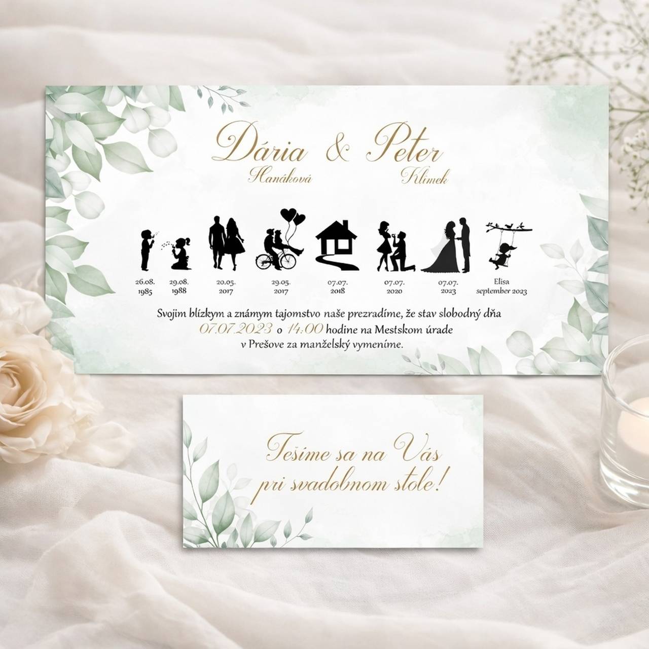 Svadobné oznámenie príbeh lásky greenery (green 1)