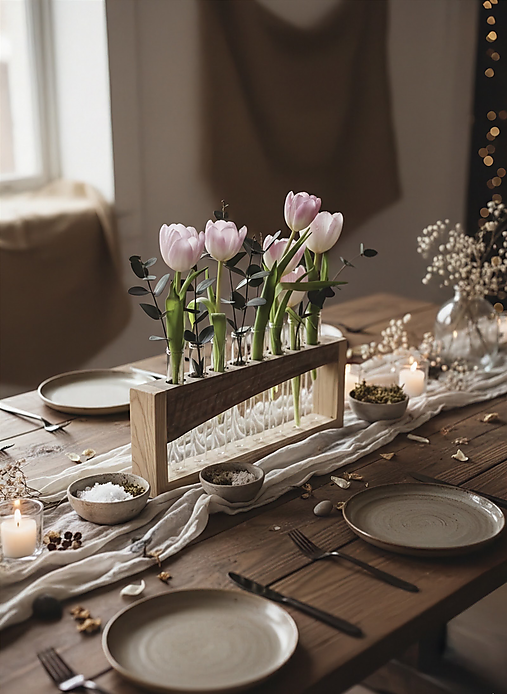 Dekorácie - Botanický solitér FESTUM FLORUM: Stolný skúmavkový stojan z orecha a jaseňa na kvetinové aranžmány - 18176892_