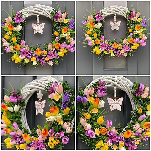 Jarný veniec “L” na svetlom prutenom základe dekorácia na dvere 40cm