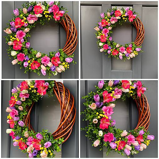 Jarný veniec “L” na hnedom prutenom základe dekorácia na dvere Polmesiac 40cm