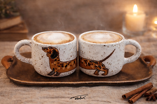 Nádoby - Šálky na kávu pre dvoch + tácka "jazvečík v snehu" - 18182870_