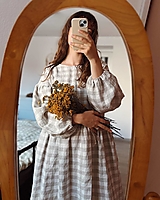 Šaty - Ľanové kockované midi šaty "Cottage" so spadnutými rukávmi - Prírodná kocka - 18182589_