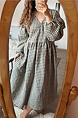 Šaty - Ľanové kockované vyšívané midi šaty "Yarrow" so spadnutými rukávmi - Zelená kocka - 18182814_