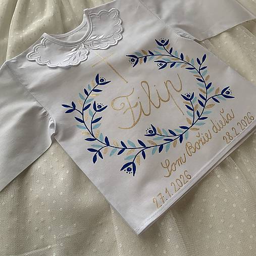 Krstná košieľka maľovaná  v modrozlatej