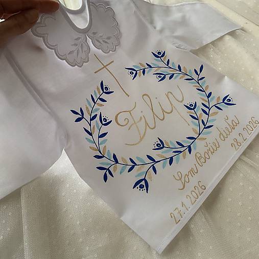 Krstná košieľka maľovaná  v modrozlatej