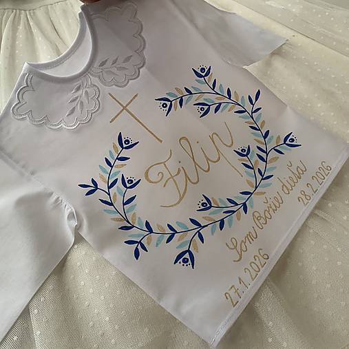 Krstná košieľka maľovaná  v modrozlatej