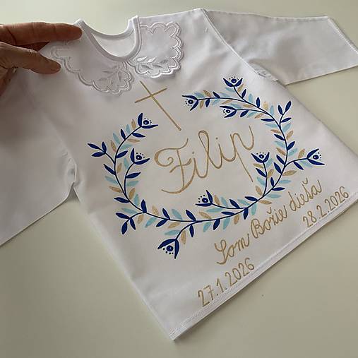 Krstná košieľka maľovaná  v modrozlatej