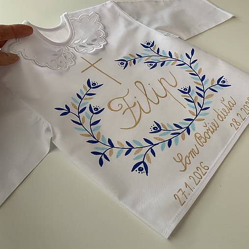 Krstná košieľka maľovaná  v modrozlatej