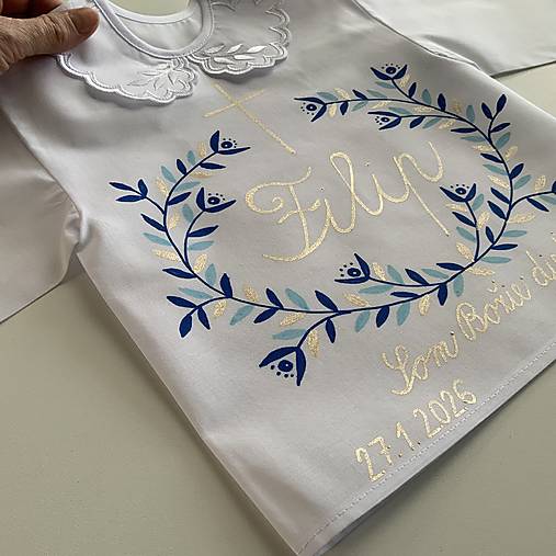 Krstná košieľka maľovaná  v modrozlatej