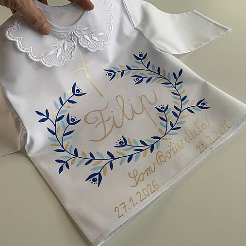 Krstná košieľka maľovaná  v modrozlatej