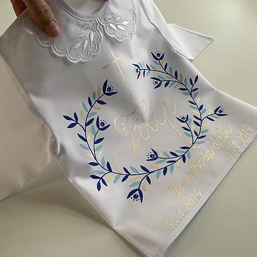 Krstná košieľka maľovaná  v modrozlatej