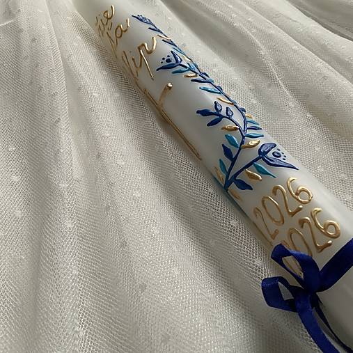 Ručne maľovaná krstná svieca s personalizáciou – 35 cm, biely vosk