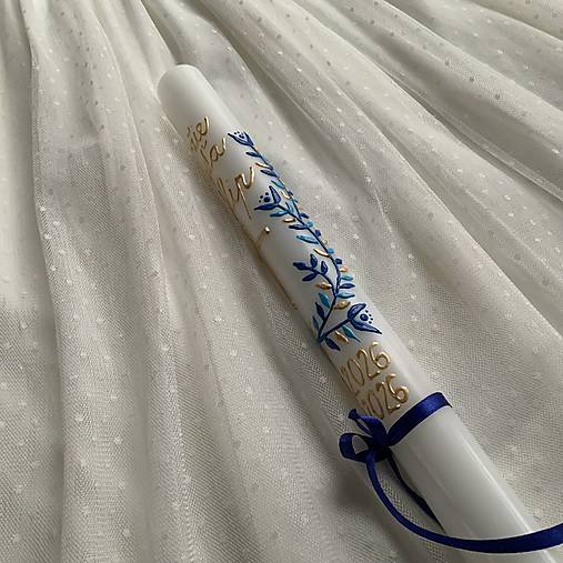 Ručne maľovaná krstná svieca s personalizáciou – 35 cm, biely vosk