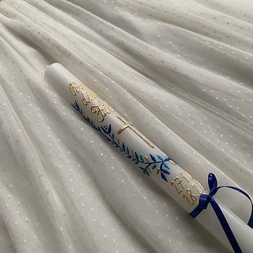 Ručne maľovaná krstná svieca s personalizáciou – 35 cm, biely vosk