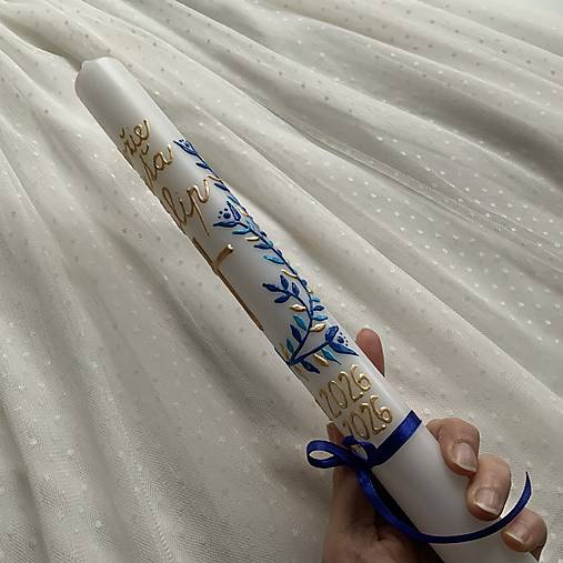 Ručne maľovaná krstná svieca s personalizáciou – 35 cm, biely vosk