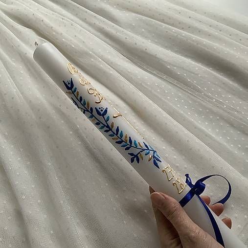 Ručne maľovaná krstná svieca s personalizáciou – 35 cm, biely vosk