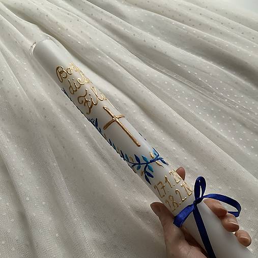 Ručne maľovaná krstná svieca s personalizáciou – 35 cm, biely vosk