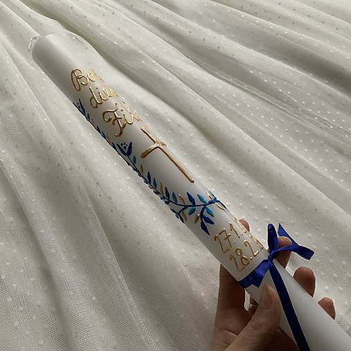 Ručne maľovaná krstná svieca s personalizáciou – 35 cm, biely vosk