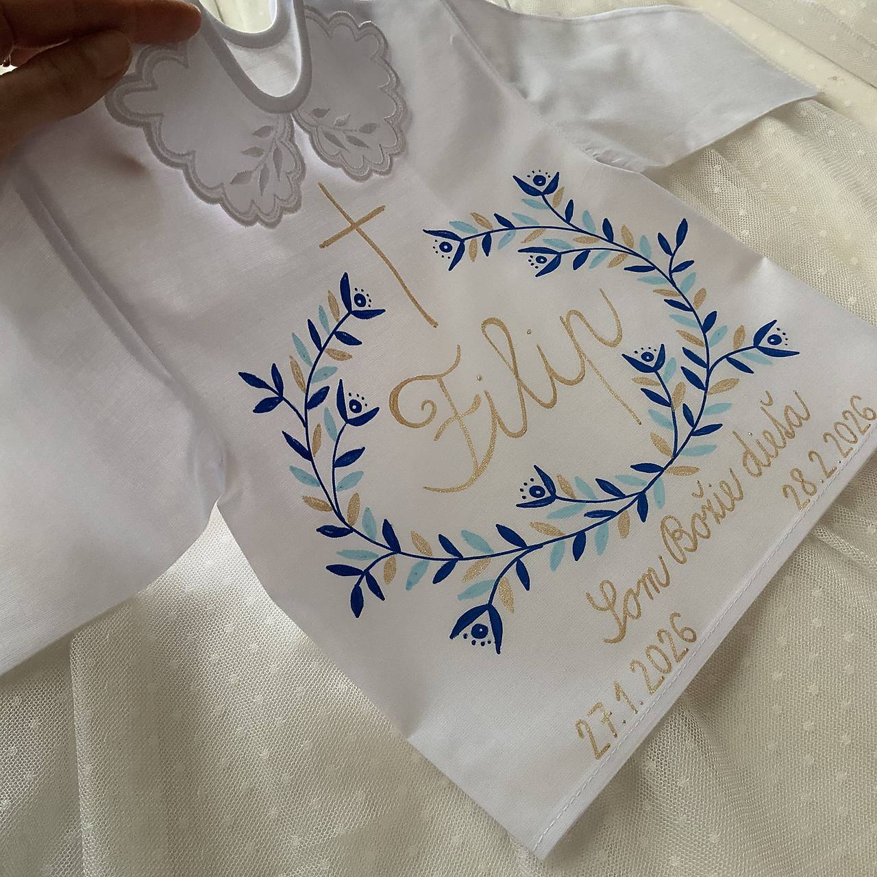 Krstná košieľka maľovaná  v modrozlatej