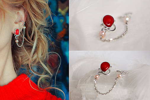 Strieborná náušnica s retiazkou - Whisper Red Pearls