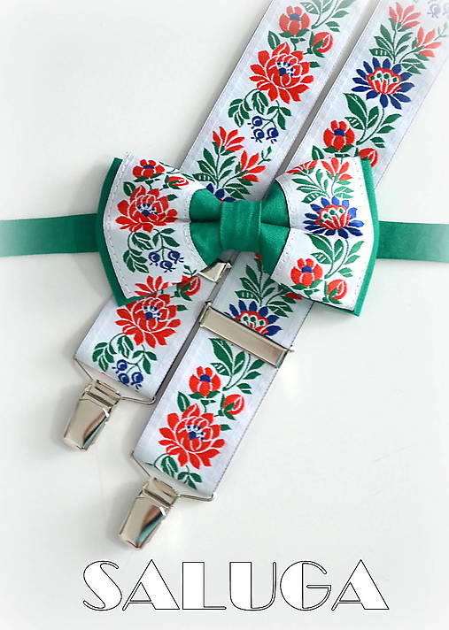 Pánske doplnky - Folklórny pánsky zelený motýlik a traky folk - 18187865_