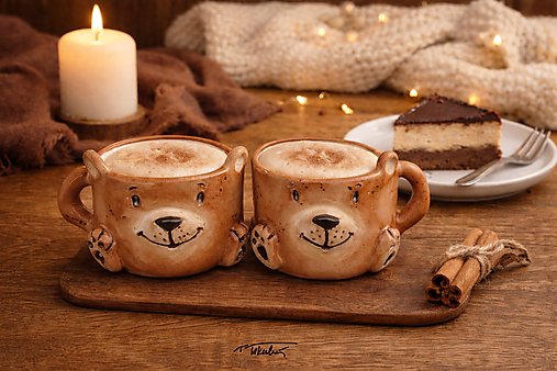 Nádoby - Šálky na kávu pre dvoch + tácka  "Grizlík" - 18188939_