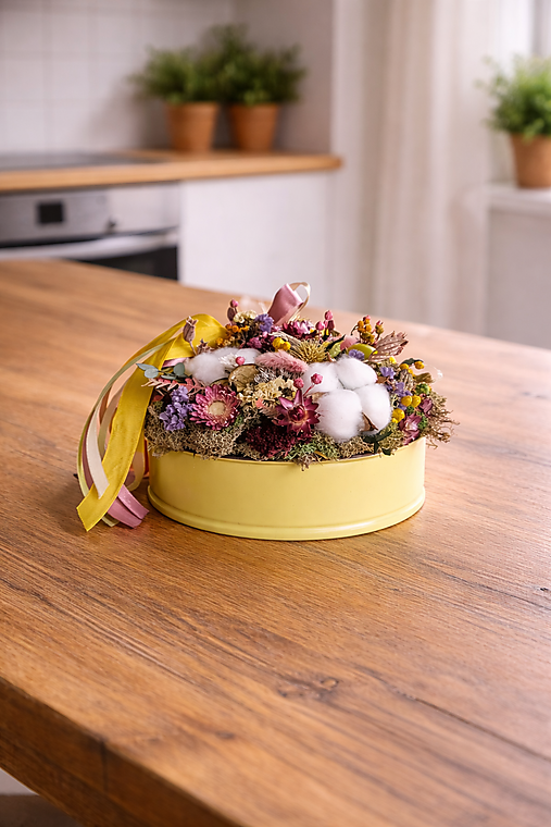 Žltý kvetinový box z prírodného materiálu, sušených kvetov, a trvácnych materiálov