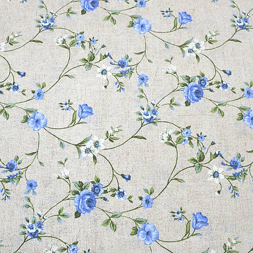 Textil - Výpredaj metráž 1,05m - modré kvety na režnej - 18188383_
