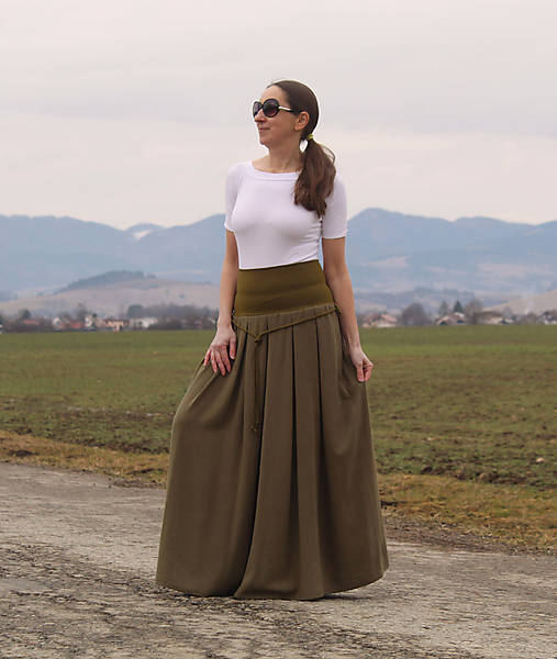 Sukne - Dlhá skladaná ľanová sukňa khaki - 18187853_