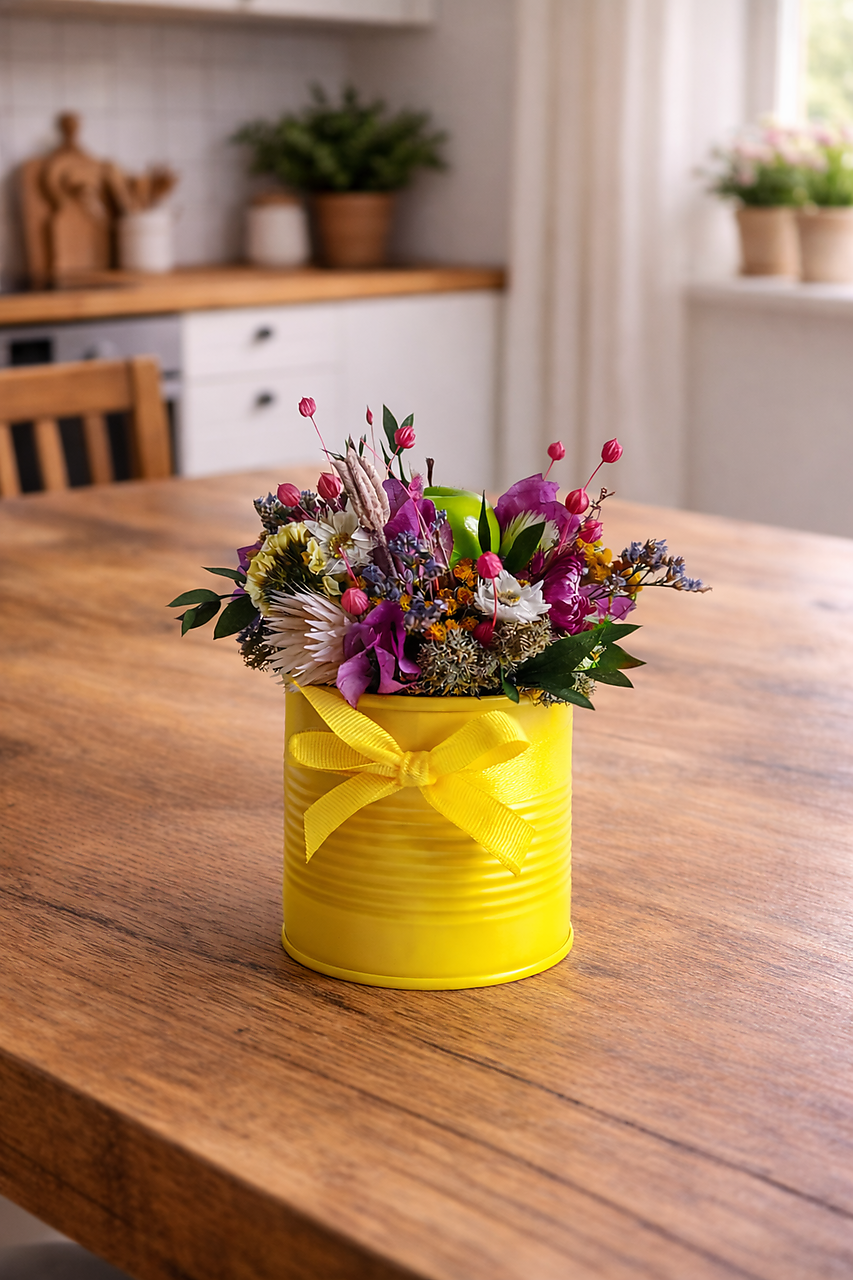 Menší aranžmán zo sušených kvetov v pastelovo žltej plechovke